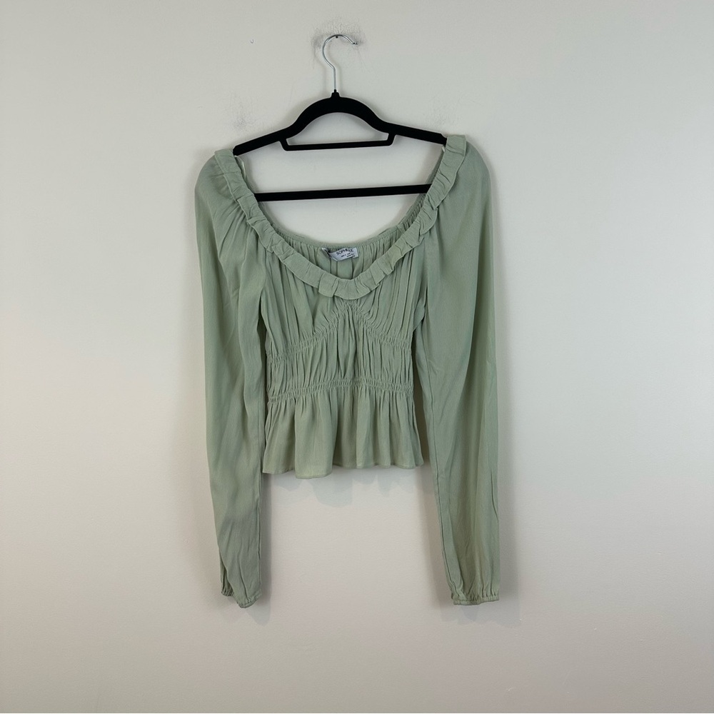 Sophie Rue Light Sage Long-Sleeve Smocked Peplum Top Blouse Size Small